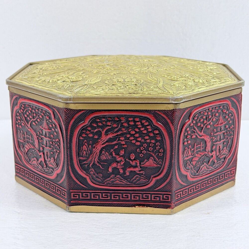 Vintage Guildcraft NY Octagon Tin Gold Cinnabar Design Asian Dragon Made In USA